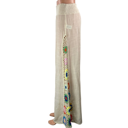 Elan Women Beige Floral Crochet Knit High Rise Smocked Wide Leg Trousers Pants M