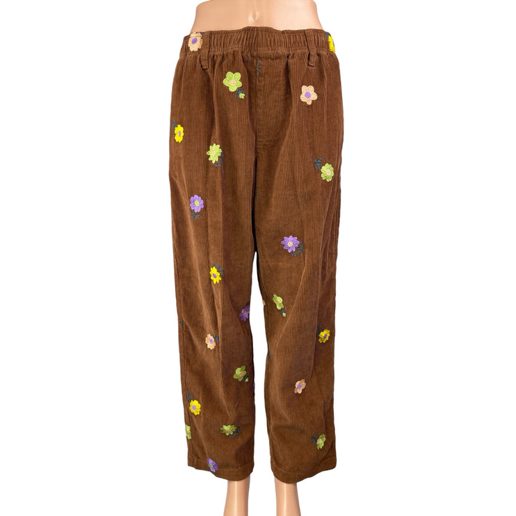 Urban Outfitters Corduroy Floral Embroidered High Rise Straight Trousers Pants M