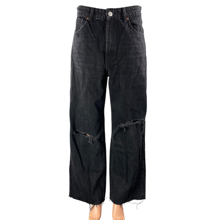 Zara Women's Black High Waisted Distressed Wide Leg Baggy Denim Jeans Size 8