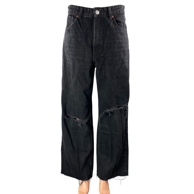 Zara Women's Black High Waisted Distressed Wide Leg Baggy Denim Jeans Size 8