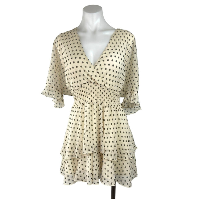 Zara Cream Black Polka Dot V-neck Ruffle Layered Smocked Chiffon Mini Brie Zara Cream Black Polka Dot V-neck Ruffle Layered Smocked Chiffon Mini Brie