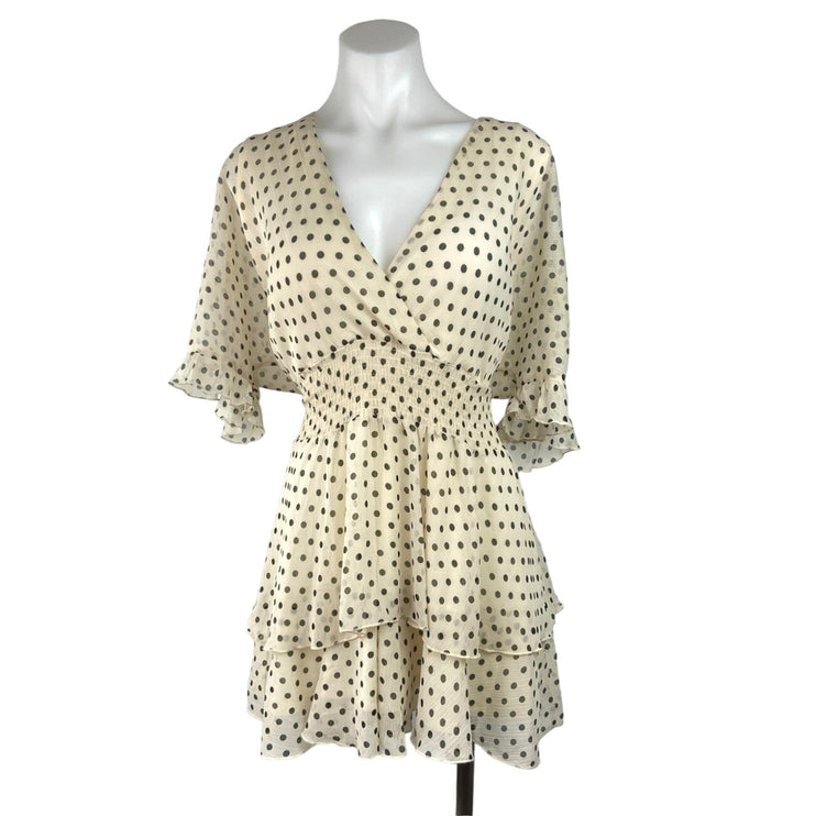 Zara Cream Black Polka Dot V-neck Ruffle Layered Smocked Chiffon Mini Dress Sz L