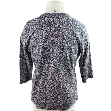 L.L. Bean Blue Pink Floral Half Zip Notch Neck T Shirt Tee Blouse Top Size XL
