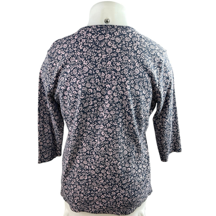 L.L. Bean Blue Pink Floral Half Zip Notch Neck T Shirt Tee Blouse Top Size XL