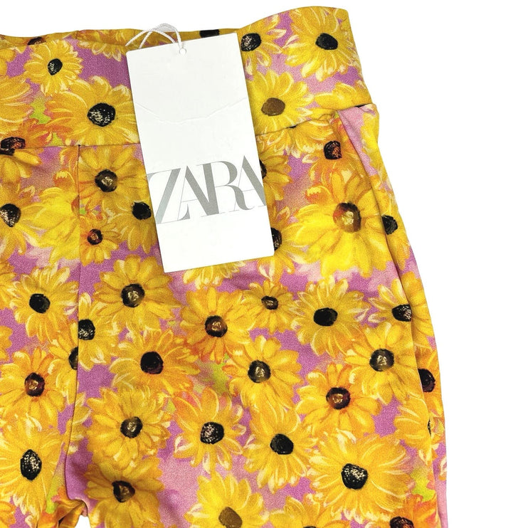 Zara NWT Pink Yellow Sunflower Floral Yoga Fitted Stretch Athletic Bike Shorts S