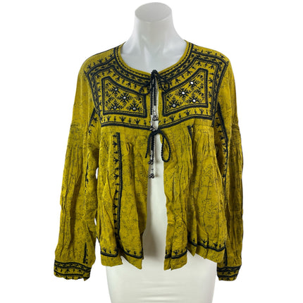 Free People Twilight Folk Green Embroidered Tassel Long Sleeve Coat Jacket Sz S