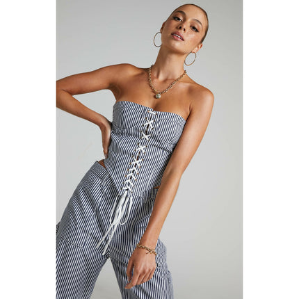 Lioness East Gate Blue Pinstripe Strapless Lace Up Corset Bustier Top Size XS