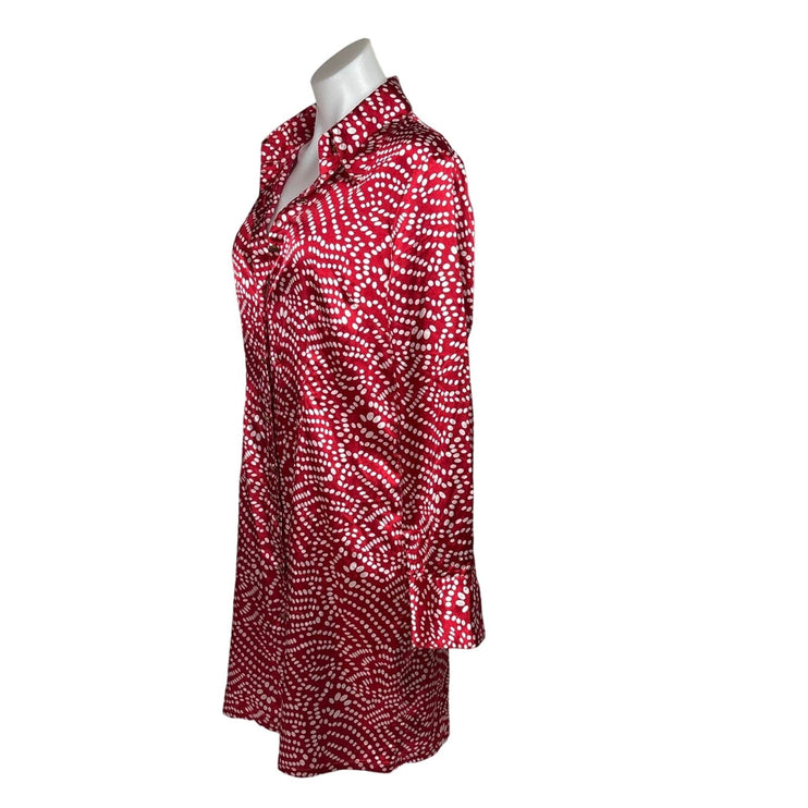 Vertigo Red Satin Polka Dot Button Down Collar Long Sleeve Shirt Dress Size M