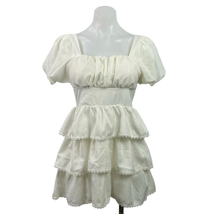 Lan White Ivory Short Puff Sleeve Tiered Lace Ruffle Smocked Romper Shorts S