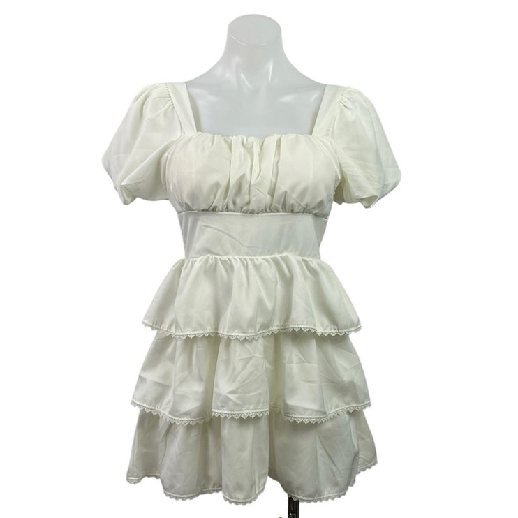 Lan White Ivory Short Puff Sleeve Tiered Lace Ruffle Smocked Romper Shorts S
