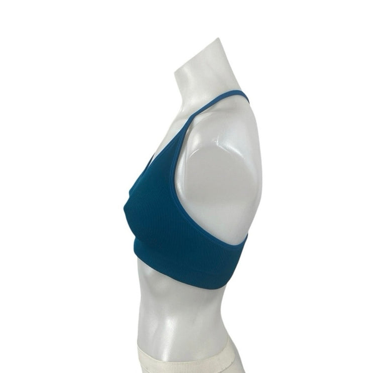 Set Active Blue Ribbed Knit Yoga Workout Athletic Sports Bra Crop Top Size S