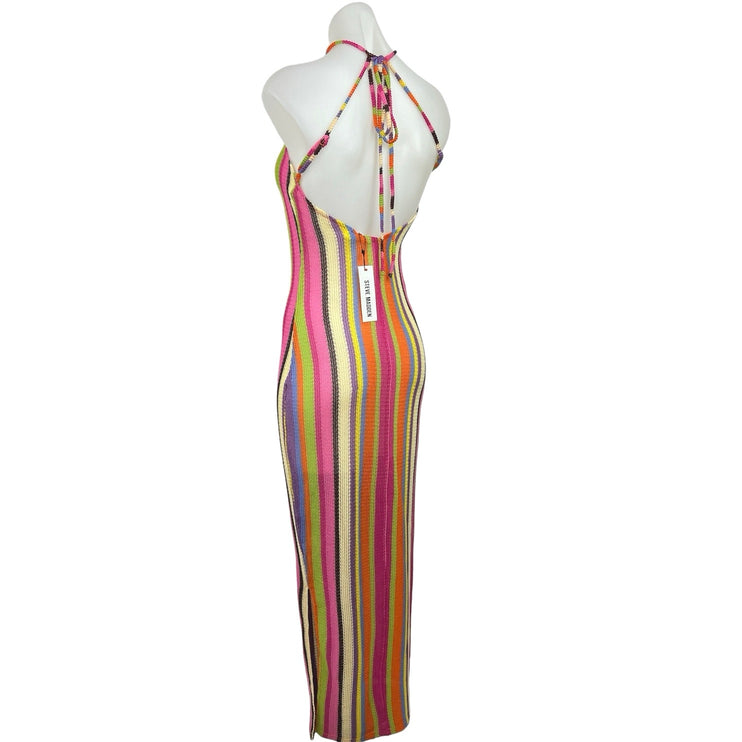 Steve Madden NWT Multicolor Rainbow Striped Knit Crochet Halter Maxi Dress Sz S