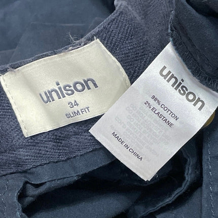 Unison Men's Navy Blue Mid Rise Slim Fit Straight Leg Trousers Pants Size 34