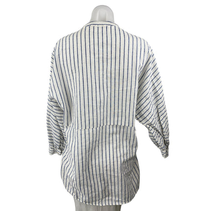 ZARA White Blue Striped V Neck 3/4 Sleeve Button Down Tunic Shirt Blouse Top XS