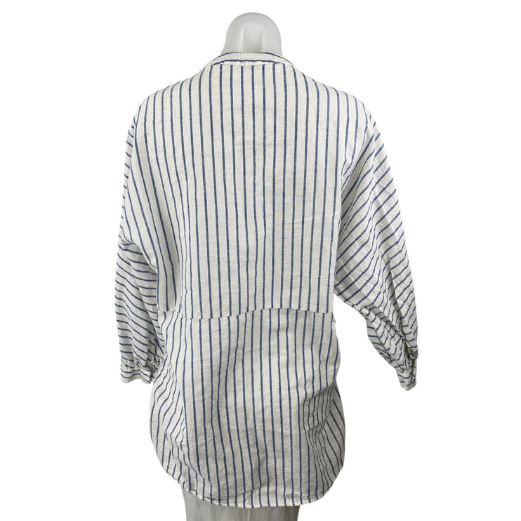ZARA White Blue Striped V Neck 3/4 Sleeve Button Down Tunic Shirt Blouse Top XS
