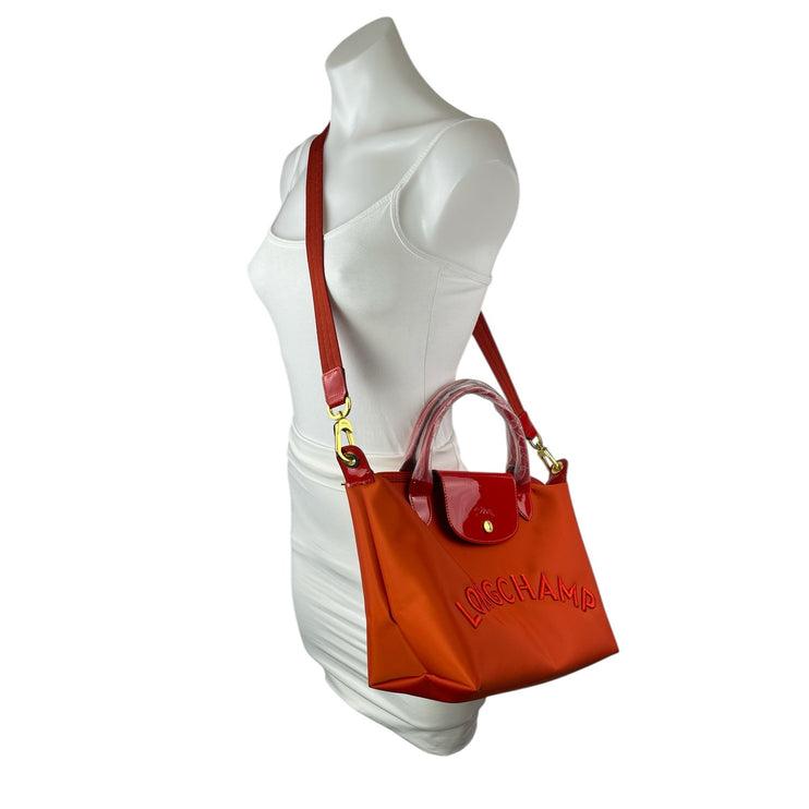 NEW Longchamp LE Pliage Orange Gold Accent Cross Body Shoulder Handbag One Size