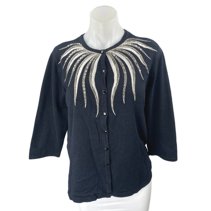 Bob Mackie Black Beaded Sequin 3/4 Sleeve Button Up Knit Cardigan Sweater Top M