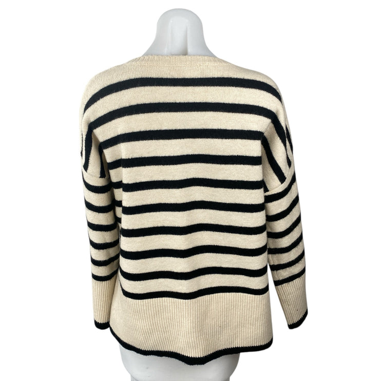 BSB Jeans Women's Beige Black Striped Long Sleeve Rib Knit Sweater Top Size XS