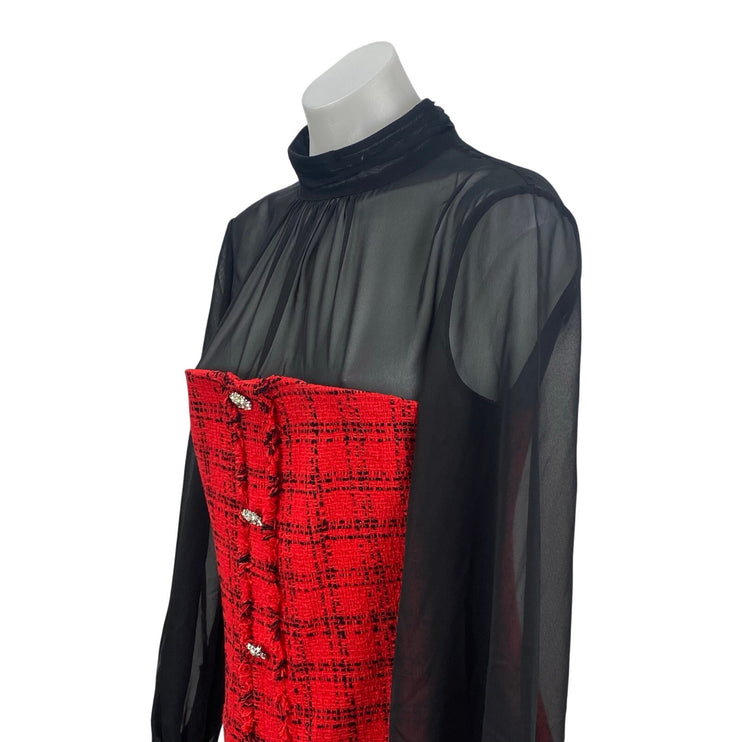 Zara Red Black Mesh Long Sleeve Tweed Mock Neck Plaid Button Mini A Line Dress M
