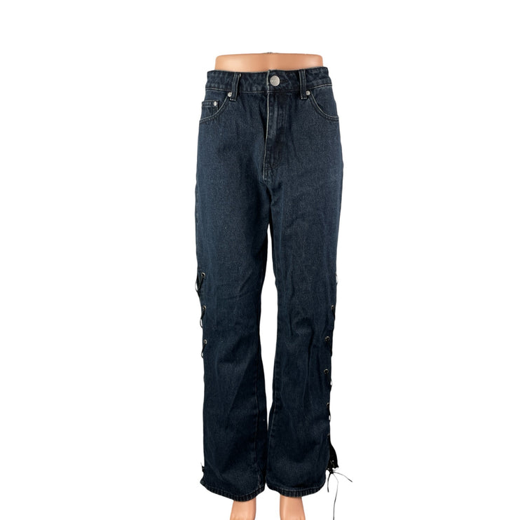 Superdown Womens Blue Dark Wash High Rise Lace Up Wide Leg Denim Jeans Pants 30
