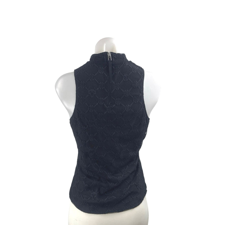 Greyson Women's Black Geometric Lace Mock Neck Sleeveless Slim Tank Blouse Top S