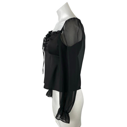 Topshop Women's Black Ruffle Ruched Front Sheer Long Puff Sleeve Blouse Top Sz 4