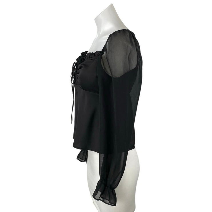 Topshop Women's Black Ruffle Ruched Front Sheer Long Puff Sleeve Blouse Top Sz 4
