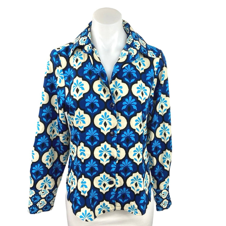 Zara NWT Blue Printed Satin Button Down Long Sleeve Boho Shirt Blouse Top Sz XS