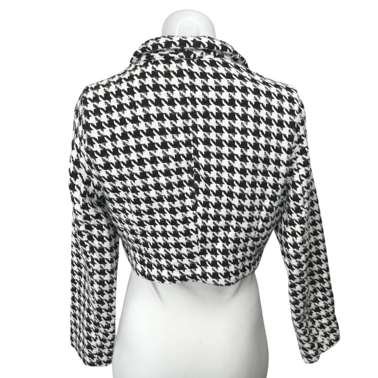 TCEC Black White Houndstooth Wool Tweed Button Crop Blazer Coat Jacket Top Sz M