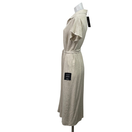 NEW Lulus Beige Linen Short Sleeve Tie Waist Button Down Shirt Midi Dress Size M