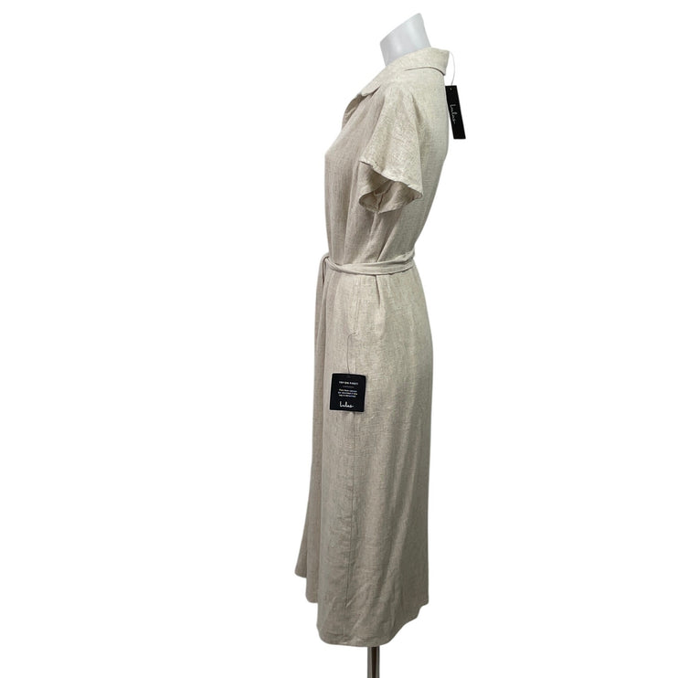 NEW Lulus Beige Linen Short Sleeve Tie Waist Button Down Shirt Midi Dress Size M