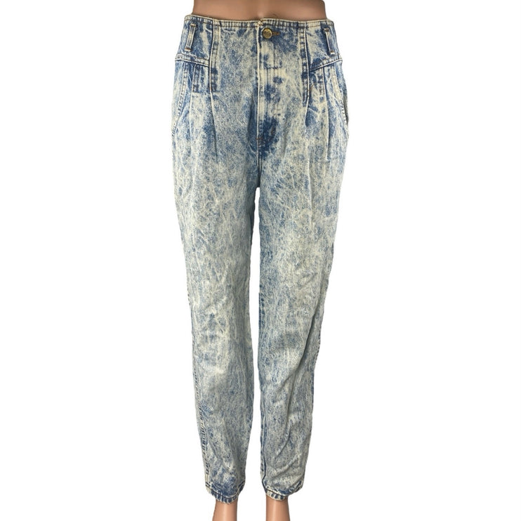 Chic Women's Blue Acid Wash High Waisted Pleated Tapered Denim Jeans Size 27
