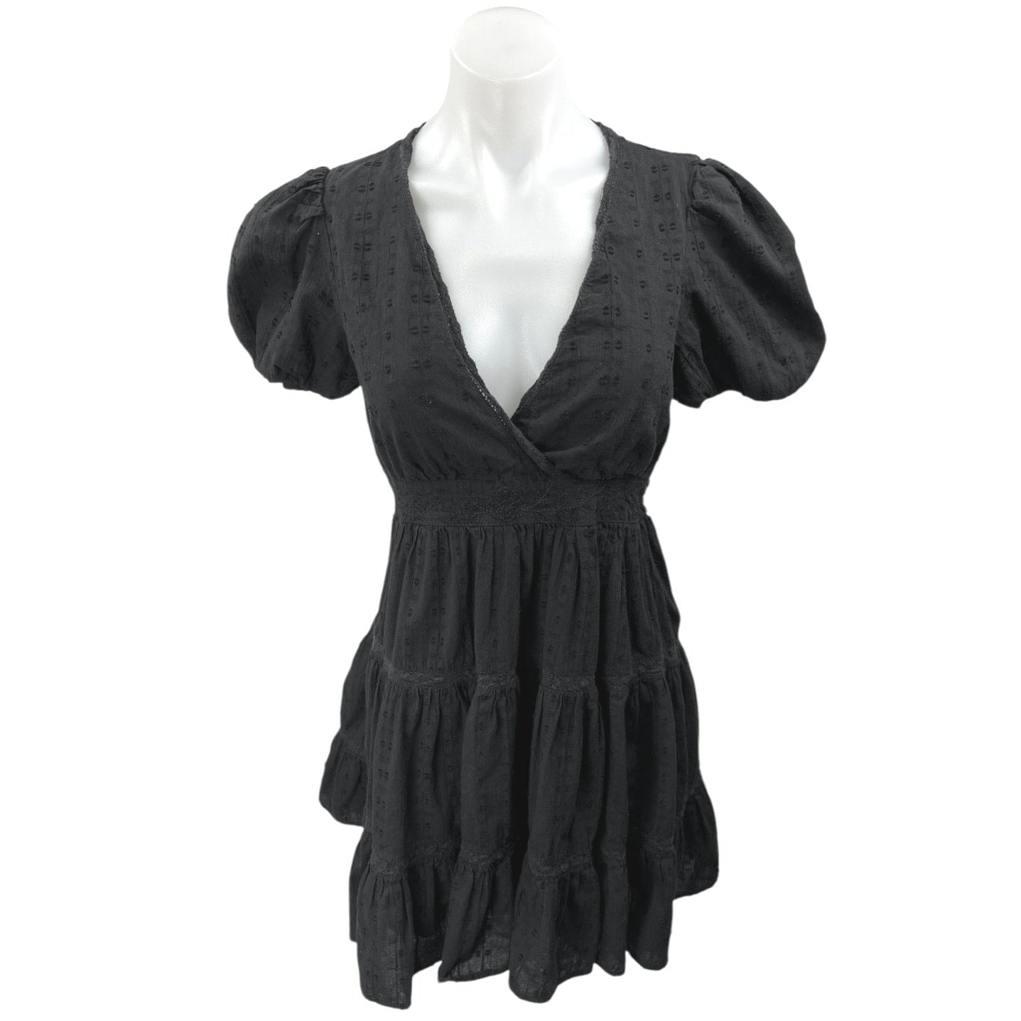 Zara Black Short Puff Sleeve Faux Wrap V-Neck Tiered Mini Fit & Flare Brie Zara Black Short Puff Sleeve Faux Wrap V-Neck Tiered Mini Fit & Flare Brie
