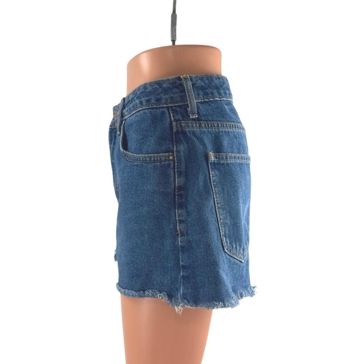Forever 21 Women's Blue Medium Wash High Rise Crop Cut Off Denim Jean Shorts M