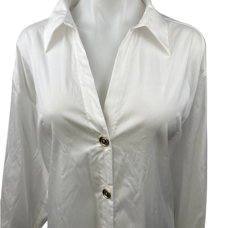 Zara Women's White Silk Satin Long Sleeve Button Down Mini Shirt Dress Size M