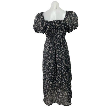 TAONAI Women's Black Short Puff Sleeves Floral Smocked Flowy A-line Midi Dress M