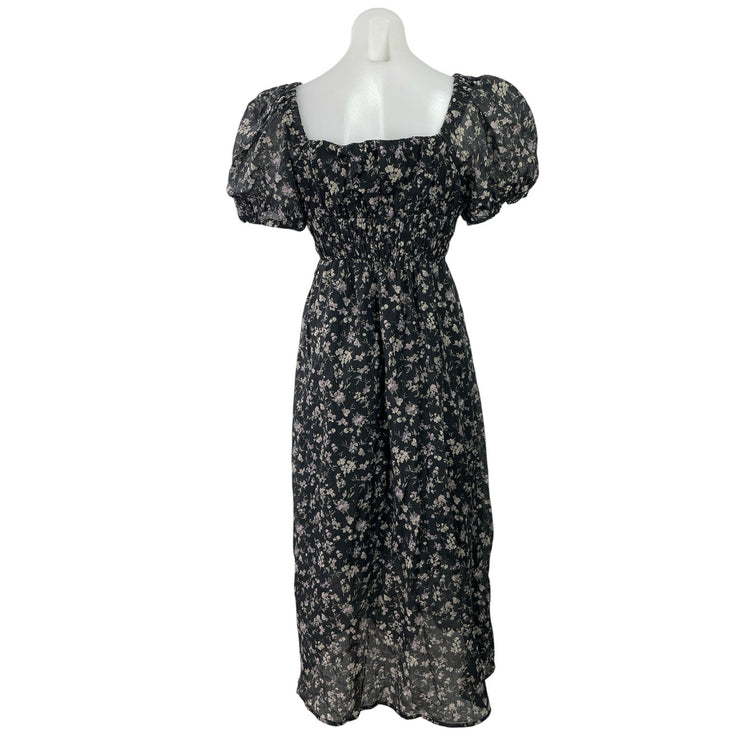 TAONAI Women's Black Short Puff Sleeves Floral Smocked Flowy A-line Midi Dress M