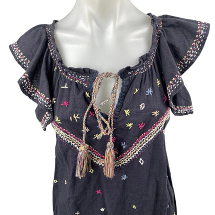 Banjara Black Embroidered Tassel Ruffle Flutter Sleeve Mini Shift Dress Size XS