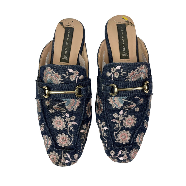 Steve Madden Royce Women's Floral Print Embroidery Square Toe Flat Denim Mules 9