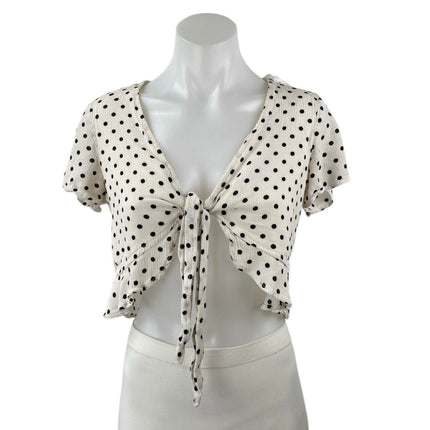 Polly Women's White Black Polka Dots Short Sleeve Cardigan Tie Crop Top Size 6