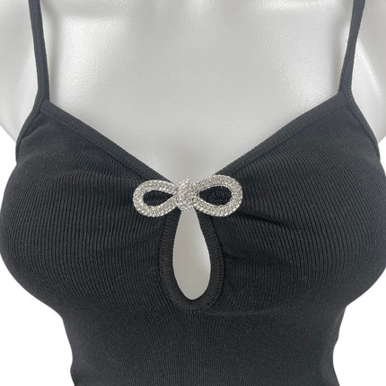 MNG Mango Black Sleeveless Ribbed Knit Bow Keyhole Cami Tank Crop Top Size S