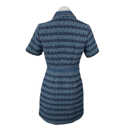 Jason Wu Blue Short Sleeve Striped Full Zip Tweed Denim Jean Shirt Mini Dress XS