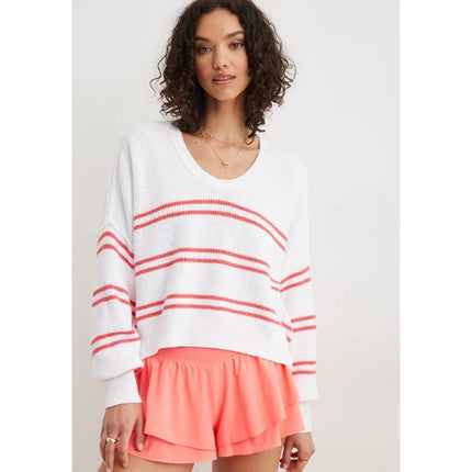 Aerie Beyond White Red Striped Long Sleeve Oversized Cropped Sweater Top Size S