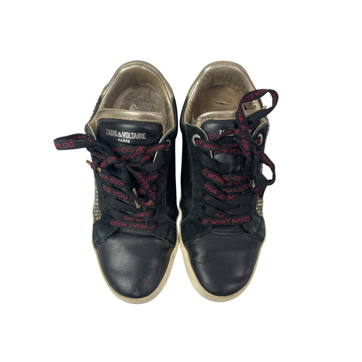 Zadig & Voltaire Black Leather Studded Lace Up Round Toe Sneakers Shoes Size 8.5