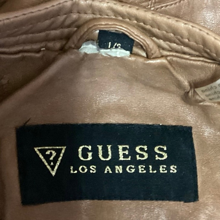 Guess Cognac Brown Faux Leather Asymmetric Full Zip Quilted Moto Jacket Size S/L