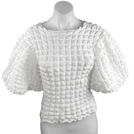 Eri + Ali Women's White Textured Bubble Short Puff Sleeve Crop Blouse Top Sz XXS