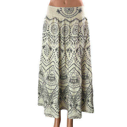 Autograph White Black Linen Floral Scarf Print Boho A Line Midi Skirt Size 10