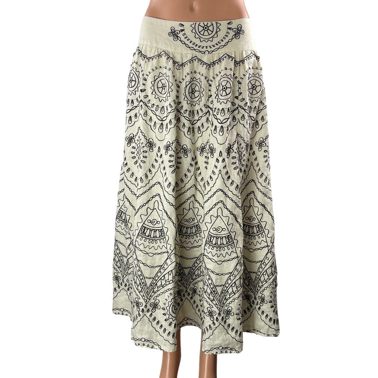 Autograph White Black Linen Floral Scarf Print Boho A Line Midi Skirt Size 10