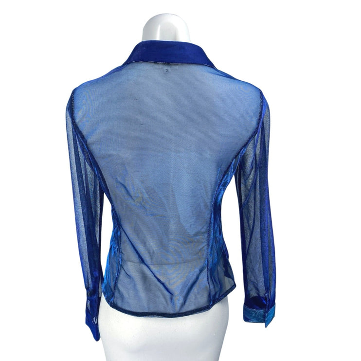 Superdown Womens Blue Metallic Mesh Long Sleeve Sheer Button Down Shirt Top Sz S