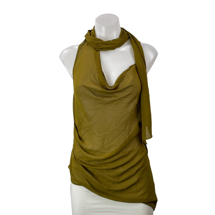 h:ours Women's Olive Green Cowl Sleeveless Shawl Asymmetric Drape Blouse Top S